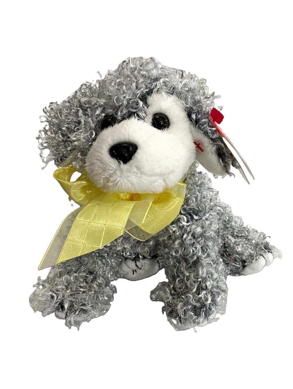 Ty Beanie Babies Curly Gray/White Dog Poodle Plush w/ Yellow Ribbon, 2007